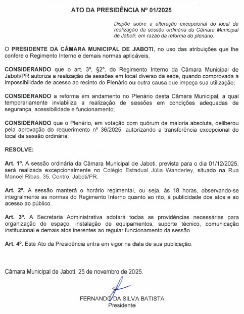 Câmara Municipal de Jaboti informa mudança temporária de local da Sessão Ordinária