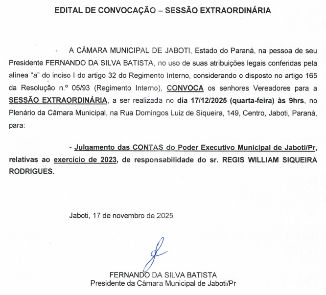 Edital de Convocação - Sessão Extraordinária