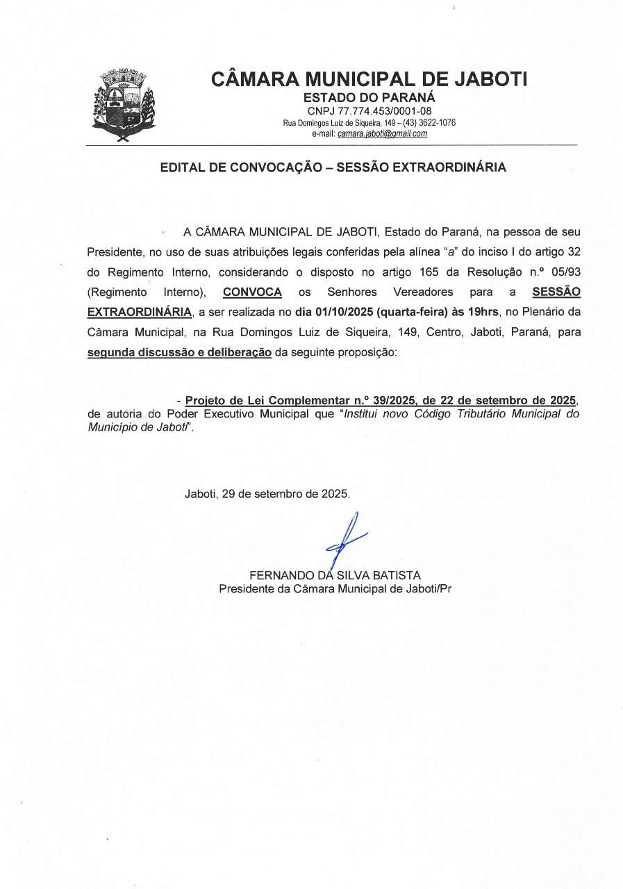 EDITAL DE CONVOCAÇÃO - SESSÃO EXTRAORDINÁRIA